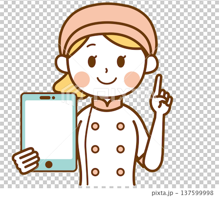 Illustration of a female bakery staff member explaining with a tablet 137599998