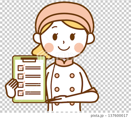 チェックリストを持って説明するパン屋の女性スタッフのイラスト チェックリストを持って説明するパン屋の女性スタッフのイラスト 137600017