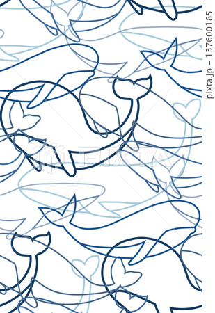 Vector seamless pattern with outline whales. Contour texture with marine creatures on a white background. 137600185