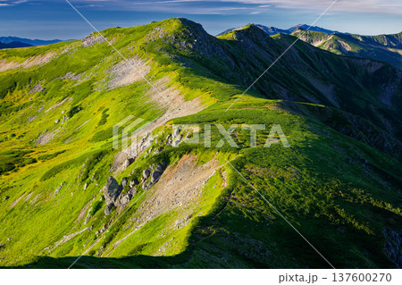 北アルプス・丸山から見る双六岳と乗鞍岳・御嶽 137600270