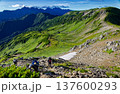 北アルプス・三俣蓮華岳稜線を行く登山者と槍・穂高連峰 137600293