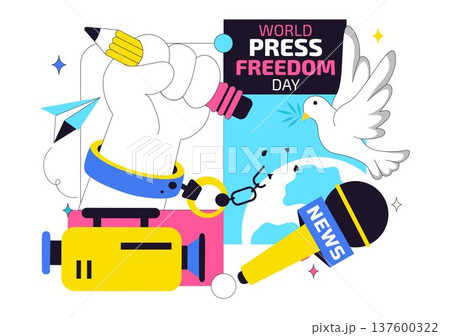 World Press Freedom Day Vector Illustration With Journalism Media, Microphone, Camera, Newspaper, And Free Speech Communication Background 137600322