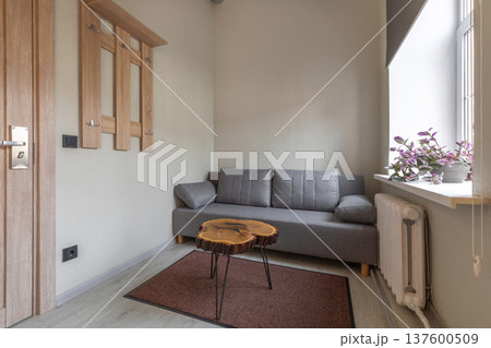 Lounge Area with Sofa, Live-Edge Table, and Clothes Rack Lounge Area with Sofa, Live-Edge Table, and Clothes Rack 137600509