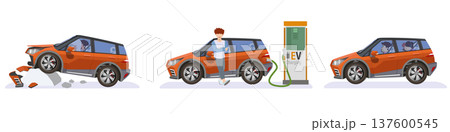 Separate layer group of three forms of luxury cross over hatchback car orange color. One crashed into a rock. Two electric cars with driving. Adn three family travel. On isolated white background. Separate layer group of three forms of luxury cross over hatchback car orange color. One crashed into a rock. Two electric cars with driving. Adn three family travel. On isolated white background. 137600545