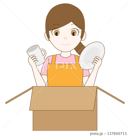 両手に食器を持つ女性と段ボール箱のイラスト 137600713