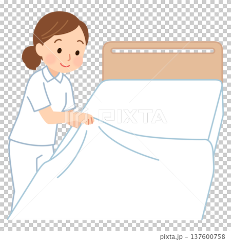 Female caregiver changing sheets, nurse, caregiver Female caregiver changing sheets, nurse, caregiver 137600758