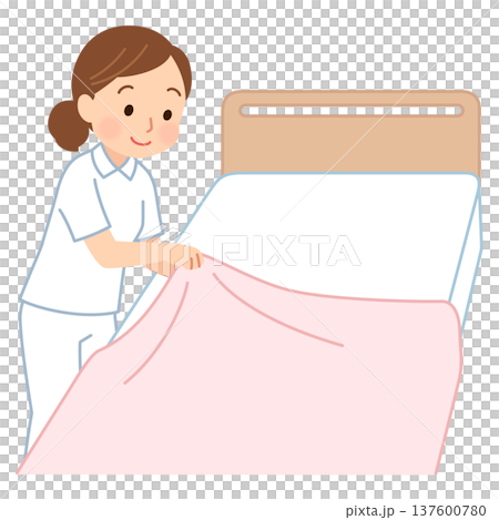 Female caregiver changing sheets, nurse, caregiver Female caregiver changing sheets, nurse, caregiver 137600780
