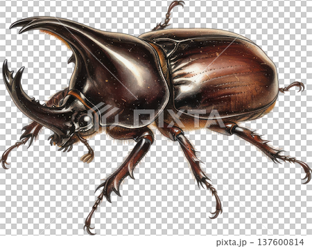カブトムシのリアルなイラストレーション 雄のサイカブトの力強い姿 137600814