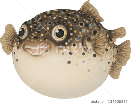 笑顔の可愛いフグのイラストレーション、水玉模様の海の生き物 137600855