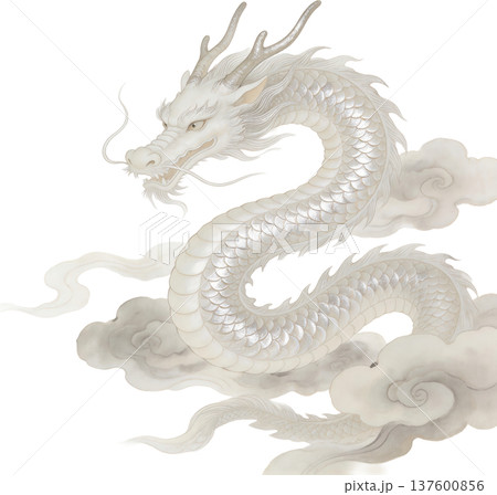 神々しい白龍と瑞雲が舞う幻想的な和風イラスト 神々しい白龍と瑞雲が舞う幻想的な和風イラスト 137600856