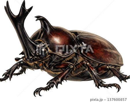 力強い角を持つカブトムシのクローズアップ、白い背景で際立つ 137600857