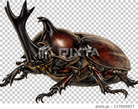 力強い角を持つカブトムシのクローズアップ、白い背景で際立つ 137600857