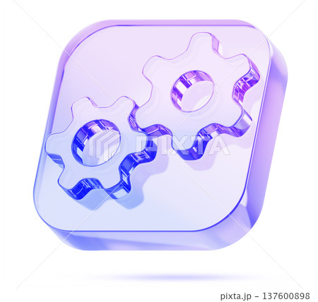 Liquid glass settings button 3d icon with holographic gradient render. Glassmorphism UI interface element. Iridescent transparent square badge with gears and purple blue neon gradient. 3D illustration 137600898