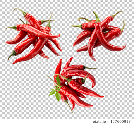 Red chili peppers arranged, isolated on white background, concept of spicy cooking ingredient Red chili peppers arranged, isolated on white background, concept of spicy cooking ingredient 137600918
