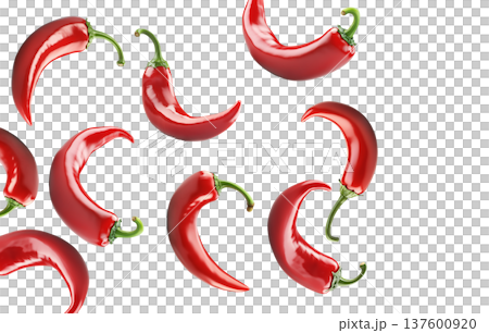 Red chili peppers arranged, isolated on white background, concept of spicy cooking ingredient Red chili peppers arranged, isolated on white background, concept of spicy cooking ingredient 137600920