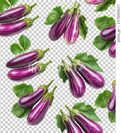 Multiple striped eggplants with glossy skins and green leaves isolated on white background Multiple striped eggplants with glossy skins and green leaves isolated on white background 137600927