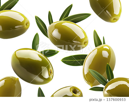Shiny green olives with natural leaves in seamless pattern isolated on white background, freshness and Mediterranean cuisine Shiny green olives with natural leaves in seamless pattern isolated on white background, freshness and Mediterranean cuisine 137600933