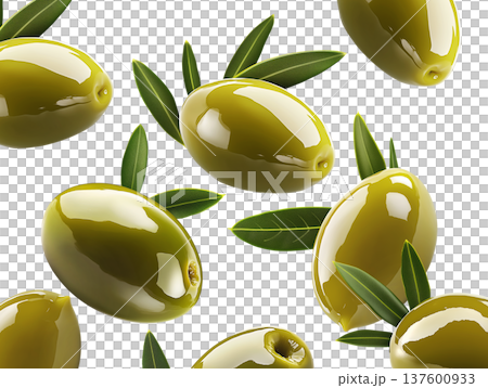 Shiny green olives with natural leaves in seamless pattern isolated on white background, freshness and Mediterranean cuisine 137600933