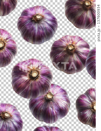 Whole purple garlic bulbs arranged in a scattered seamless pattern, isolated on white background, concept of organic food 137600934