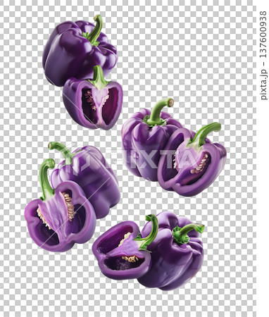 Multiple purple bell peppers arranged in a seamless, isolated on white background, concept of healthy food and vegetables Multiple purple bell peppers arranged in a seamless, isolated on white background, concept of healthy food and vegetables 137600938
