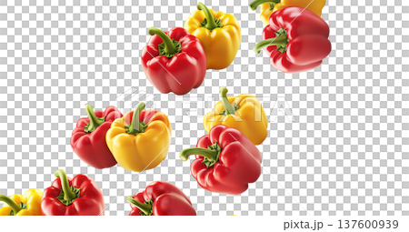 Fresh red and yellow bell peppers arranged in seamless pattern isolated on white background, concept of food and cooking Fresh red and yellow bell peppers arranged in seamless pattern isolated on white background, concept of food and cooking 137600939