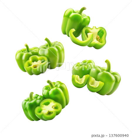 Multiple green bell peppers floating and rotated in various angles isolated on white background, concept of freshness 137600940