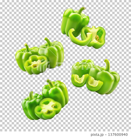 Multiple green bell peppers floating and rotated in various angles isolated on white background, concept of freshness 137600940