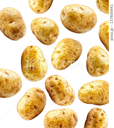 Fresh raw potatoes with skin, scattered and isolated on white background, concept of organic food ingredients Fresh raw potatoes with skin, scattered and isolated on white background, concept of organic food ingredients 137600941