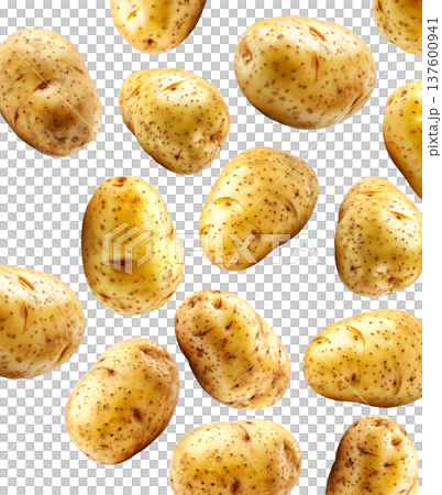 Fresh raw potatoes with skin, scattered and isolated on white background, concept of organic food ingredients 137600941
