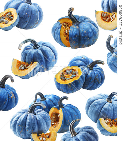 Set of blue pumpkins with orange speckles, isolated on white background. Concept of unique autumn harvest decoration 137600950