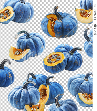 Set of blue pumpkins with orange speckles, isolated on white background. Concept of unique autumn harvest decoration Set of blue pumpkins with orange speckles, isolated on white background. Concept of unique autumn harvest decoration 137600950