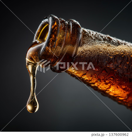 Closeup of soda bottle pouring amber stout beer slowly coming out of the opening of the bottle on dark background 137600962