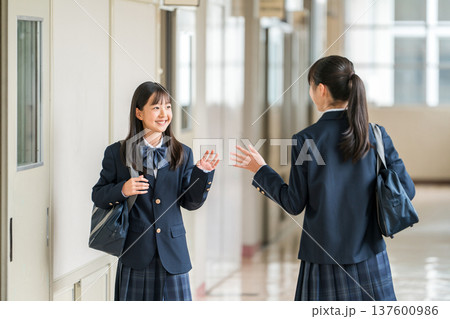 学校の廊下を歩く制服姿の小学生,中学生,高校生の女子生徒 137600986