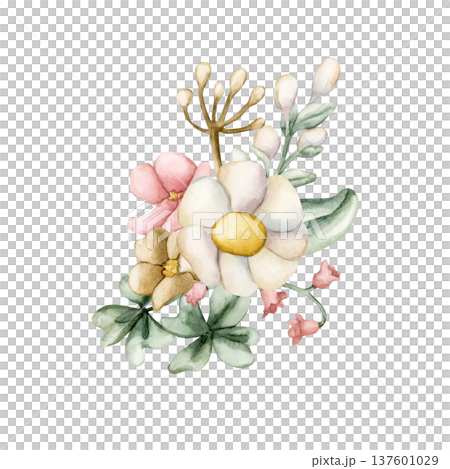 Cute Colourful Meadow Flower Bouquet. Watercolor summer spring bloom floral illustration hand painted isolated on white background for nursery baby kids design fresh prints cards posters textile 137601029