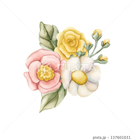 Cute Colourful Meadow Flower Bouquet. Watercolor summer spring bloom floral illustration hand painted isolated on white background for nursery baby kids design fresh prints cards posters textile Cute Colourful Meadow Flower Bouquet. Watercolor summer spring bloom floral illustration hand painted isolated on white background for nursery baby kids design fresh prints cards posters textile 137601031