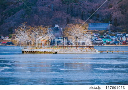 結氷した諏訪湖と霧氷を纏う初島 結氷した諏訪湖と霧氷を纏う初島 137601038