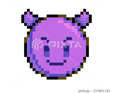 Pixel art purple devil face with horns and a mischievous smile, retro gaming style Pixel art purple devil face with horns and a mischievous smile, retro gaming style 137601181