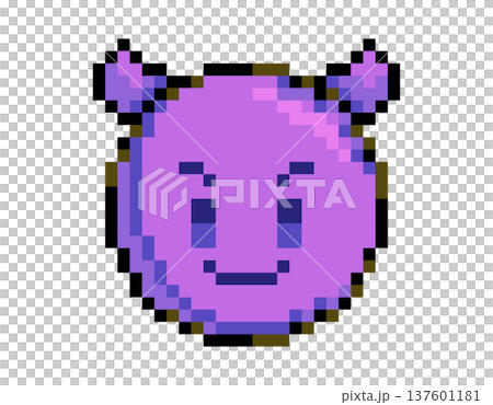 Pixel art purple devil face with horns and a mischievous smile, retro gaming style Pixel art purple devil face with horns and a mischievous smile, retro gaming style 137601181