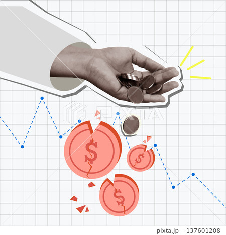 Collage illustrating financial fluctuation with hands and coins falling. Collage illustrating financial fluctuation with hands and coins falling. 137601208