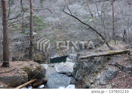栃木県 日光国立公園 龍王峡の渓谷美 滝と川とハイキングコースの風景 137601210