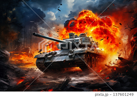 War Concept. Military tank on fire background. War Concept. Military tank on fire background. 137601249
