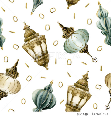 Hanging Lantern Seamless Pattern. Arabic style golden lamp Watercolor hand painted isolated illustration on white background for Ramadan design Muslim holiday Eid Mubarak Al Fitr Adha wrapping paper Hanging Lantern Seamless Pattern. Arabic style golden lamp Watercolor hand painted isolated illustration on white background for Ramadan design Muslim holiday Eid Mubarak Al Fitr Adha wrapping paper 137601393