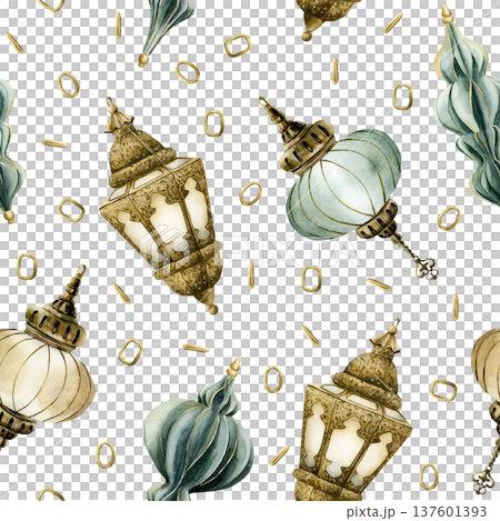 Hanging Lantern Seamless Pattern. Arabic style golden lamp Watercolor hand painted isolated illustration on white background for Ramadan design Muslim holiday Eid Mubarak Al Fitr Adha wrapping paper Hanging Lantern Seamless Pattern. Arabic style golden lamp Watercolor hand painted isolated illustration on white background for Ramadan design Muslim holiday Eid Mubarak Al Fitr Adha wrapping paper 137601393