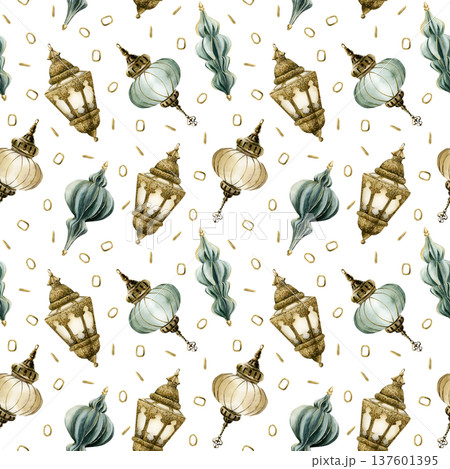 Hanging Lantern Seamless Pattern. Arabic style golden lamp Watercolor hand painted isolated illustration on white background for Ramadan design Muslim holiday Eid Mubarak Al Fitr Adha wrapping paper Hanging Lantern Seamless Pattern. Arabic style golden lamp Watercolor hand painted isolated illustration on white background for Ramadan design Muslim holiday Eid Mubarak Al Fitr Adha wrapping paper 137601395