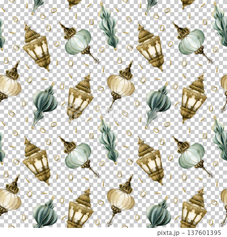 Hanging Lantern Seamless Pattern. Arabic style golden lamp Watercolor hand painted isolated illustration on white background for Ramadan design Muslim holiday Eid Mubarak Al Fitr Adha wrapping paper Hanging Lantern Seamless Pattern. Arabic style golden lamp Watercolor hand painted isolated illustration on white background for Ramadan design Muslim holiday Eid Mubarak Al Fitr Adha wrapping paper 137601395