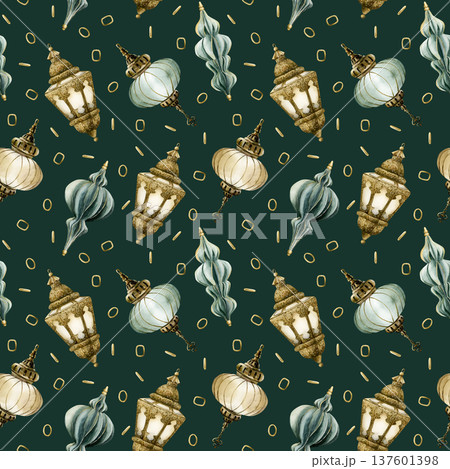 Hanging Lantern Seamless Pattern. Arabic style golden lamp Watercolor hand painted isolated illustration on dark green background Ramadan design Muslim holiday Eid Mubarak Al Fitr Adha wrapping paper Hanging Lantern Seamless Pattern. Arabic style golden lamp Watercolor hand painted isolated illustration on dark green background Ramadan design Muslim holiday Eid Mubarak Al Fitr Adha wrapping paper 137601398