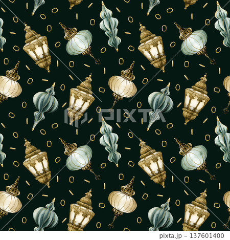 Hanging Lantern Seamless Pattern. Arabic style golden lamp Watercolor hand painted isolated illustration on dark background Ramadan design Muslim holiday Eid Mubarak Al Fitr Adha wrapping paper 137601400