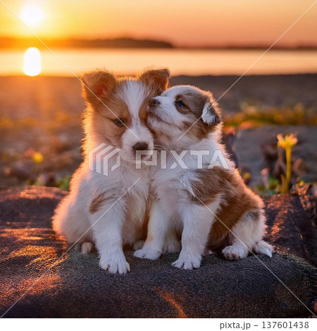 子犬と夕方の海 子犬と夕方の海 137601438