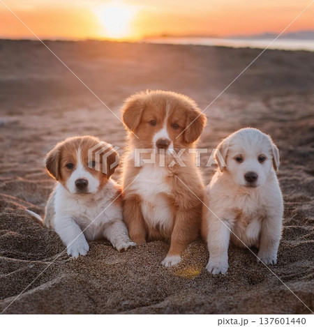 子犬と夕方の海 137601440