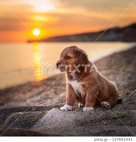 子犬と夕方の海 137601441